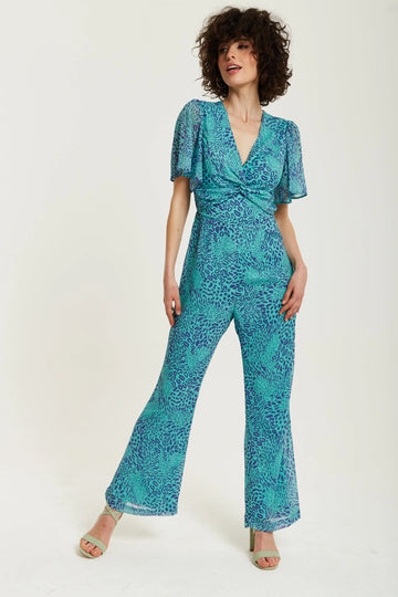 Blue Animal Print Knot Front Jumpsuit Liquorish